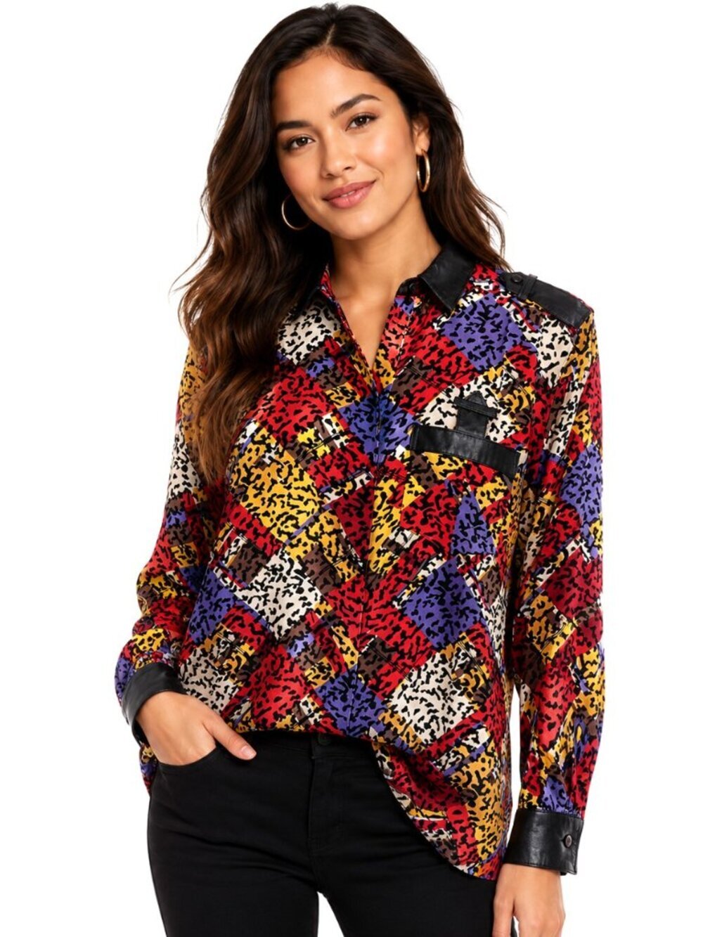 Vintage Cache Multicolor Silk Black Leather Trim Blouse